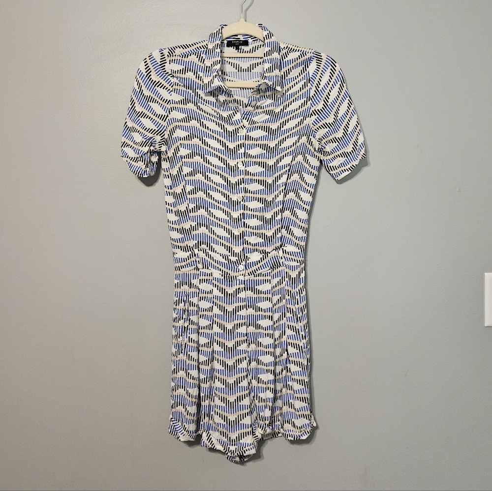 FRNCH Blue and White Printed Short Sleeve Romper